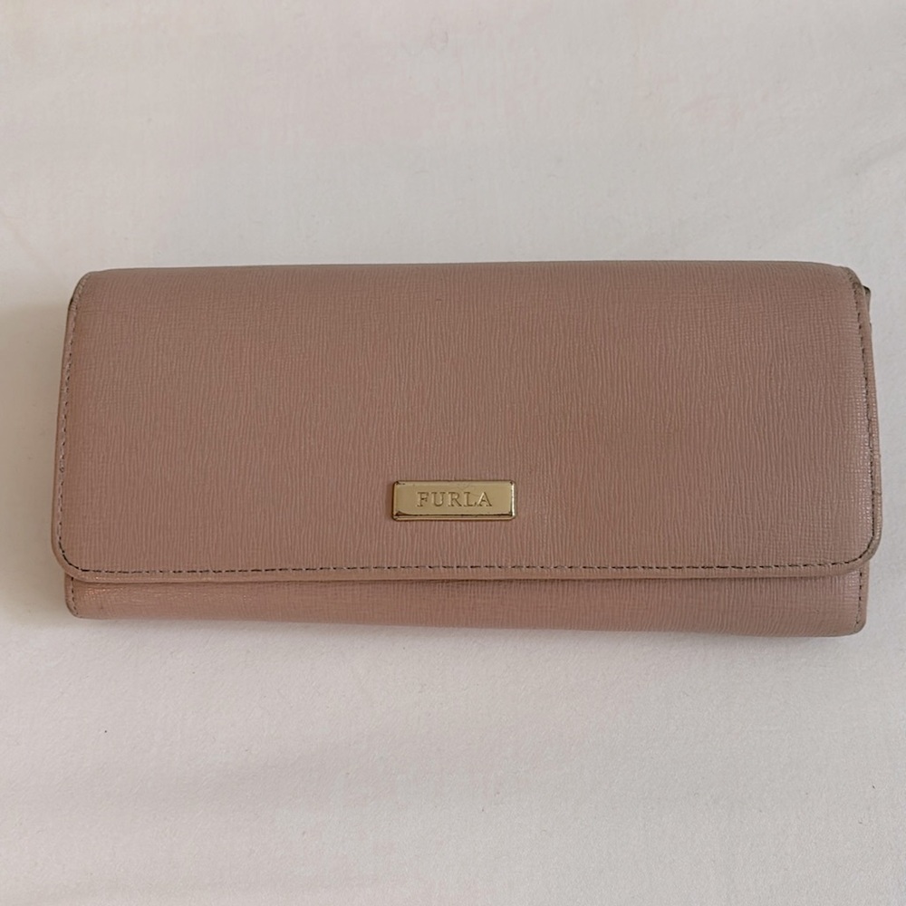Furla blush pink large fold over leather wallet